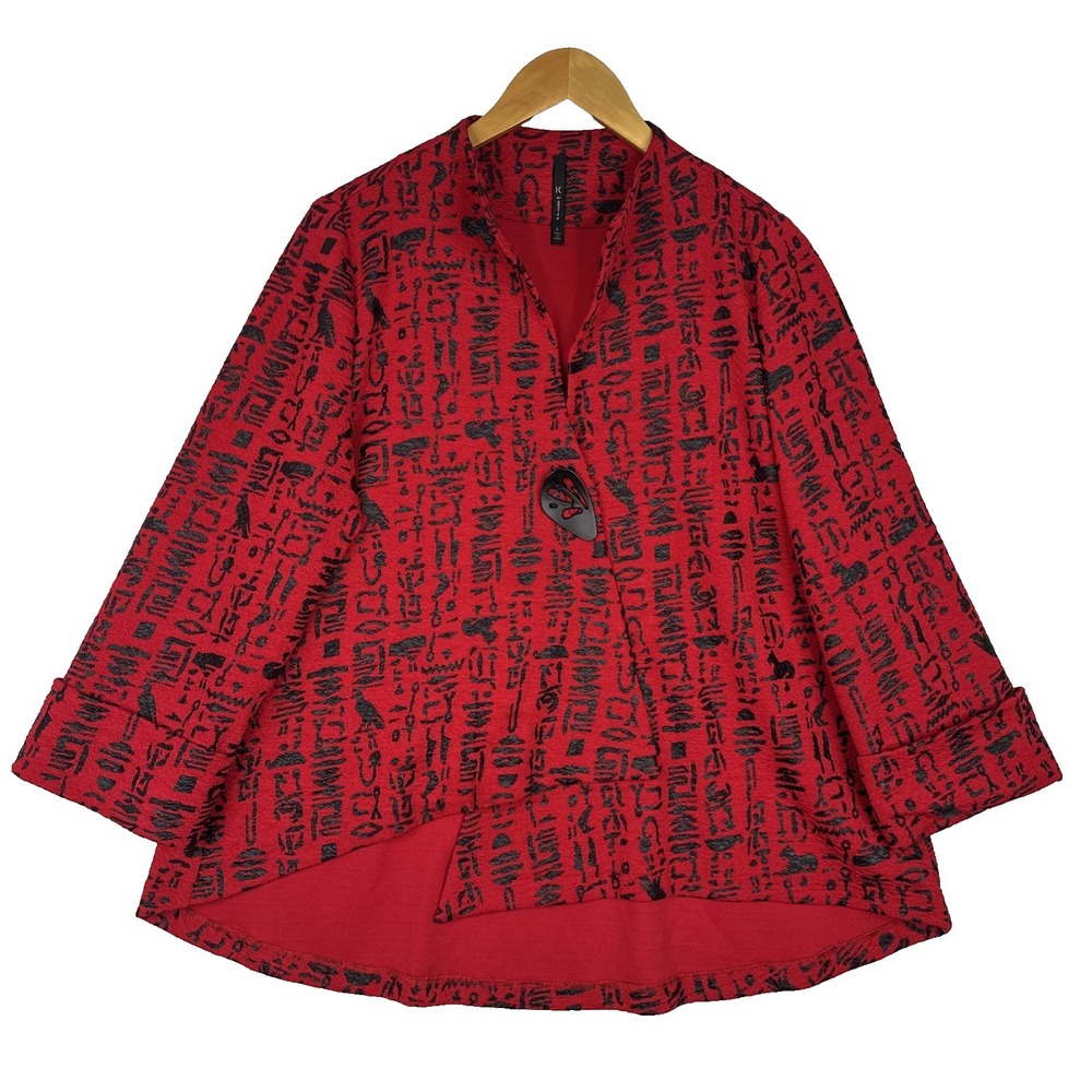 IC by Connie K Womens L Art Jacket Red Black Hieroglyphic Asymmetrical Hem